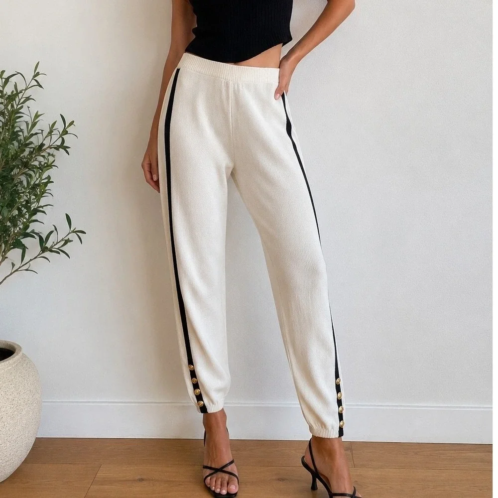 Vtg Michael Seroy Knit Jogger Pants Womens Sz M White Stripe Gold Buttons Ramie